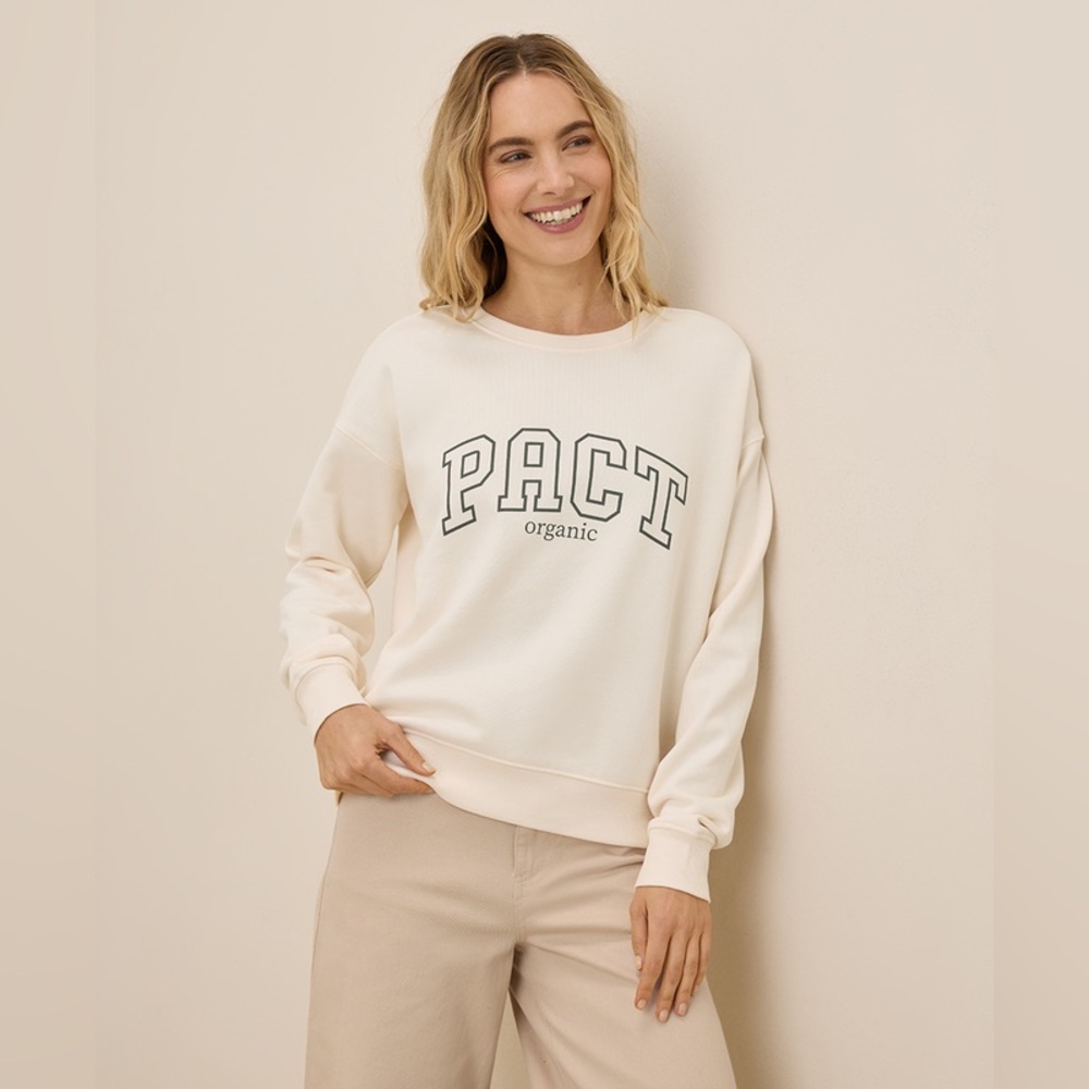 Pact Women's Bone Organic Cotton Cloud Brushed Fleece Graphic Crew Sweatshirt